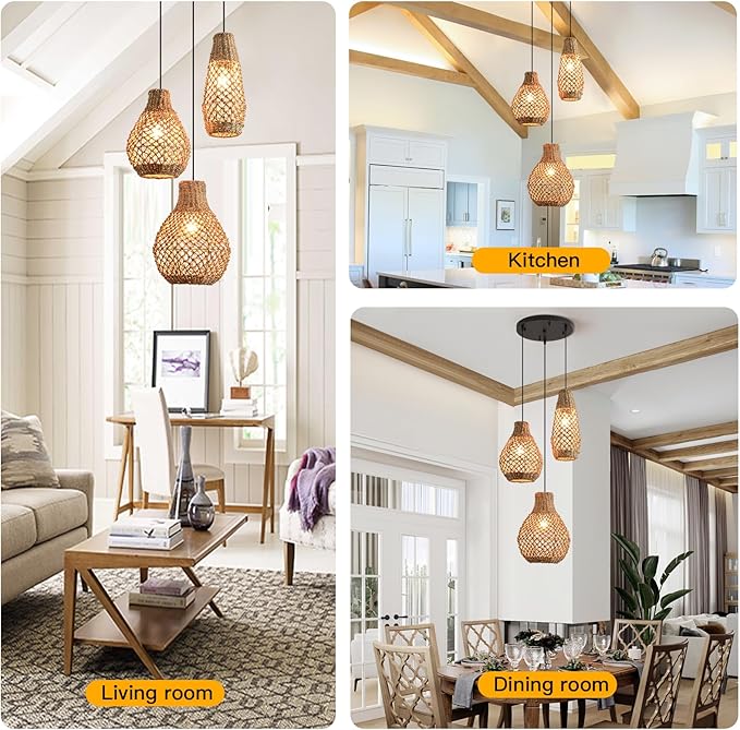 3-Light Rattan Pendant Ligh,Boho Woven Wicker Coastal Ceiling Hanging Farmhouse Chandelier for Kitchen Island Living Room Dining Room