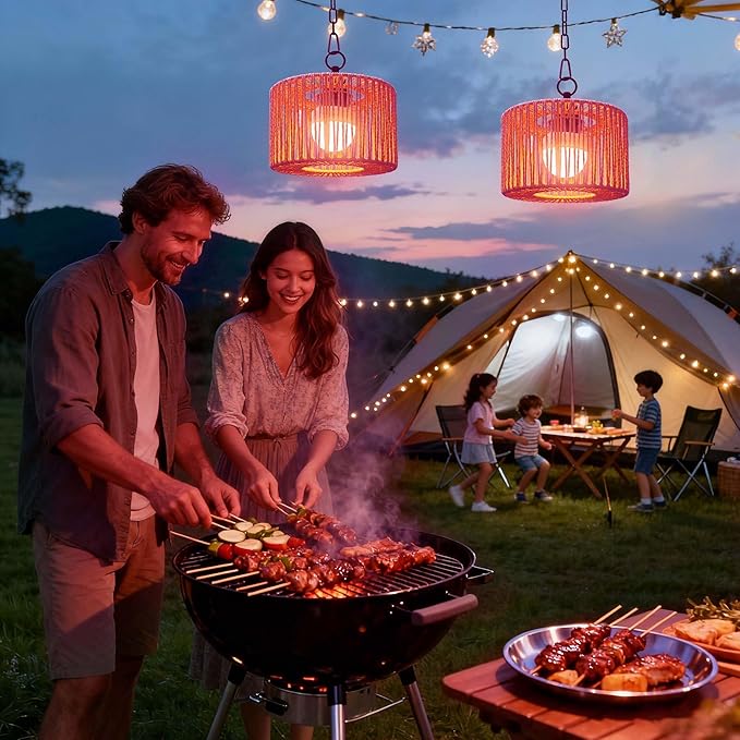 Battery Operated Chandelier Rechargeable, Outdoor Pendant Light Cordless with RGB LED Bulb, Boho Hanging Lights with Remote for Gazebo, Porch, Patio, Pergola, Indoor Decor,Set of 2