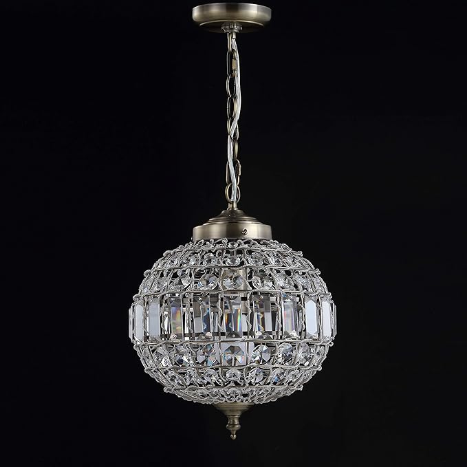 JONATHAN Y 12" Antique Brass Modern Crystal LED Pendant Light for Kitchen, Clear Crystal Shade, Glam Globe Chandelier Hanging Ceiling Lamp for Dining Room Entryway JYL6110A