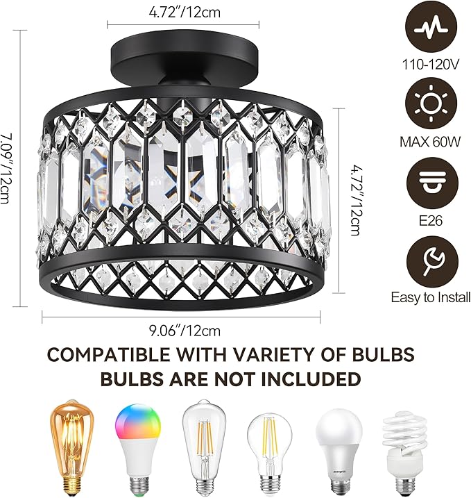 Semi Flush Mount Ceiling Light,Industrial Semi Flush Mount Ceiling Light,Industrial Black Light Fixtures Ceiling Mount, Chandelier Kitchen Lighting Black Flush Mount Light,Vintage Light Fixture