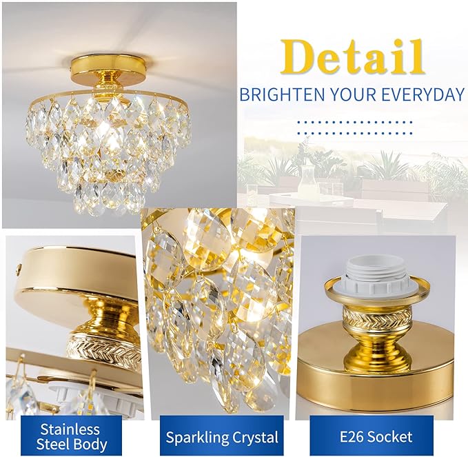CM MZY Modern Gold Crystal Chandeliers, Mini Flush Mount Ceiling Light Fixture, Close to Ceiling Lamp Fixture for Hallway Bedroom Bathroom Closet Kitchen Foyer