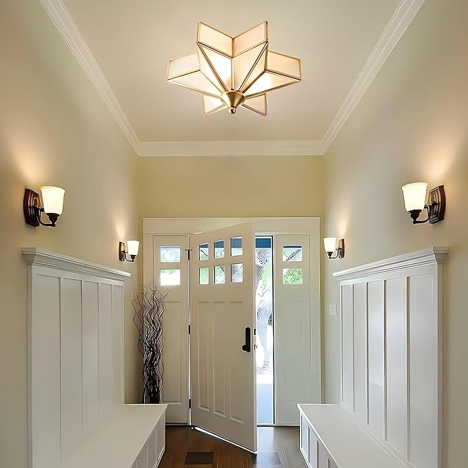 LIGHTLAND 11.8 Inch Flush Mount Star Ceiling Light, 3 Lights Brass Ceiling Lamp with Glass Lampshade, Art Deco Close to Ceiling Light Fixtures for Entryway Hallway Porch, Gold