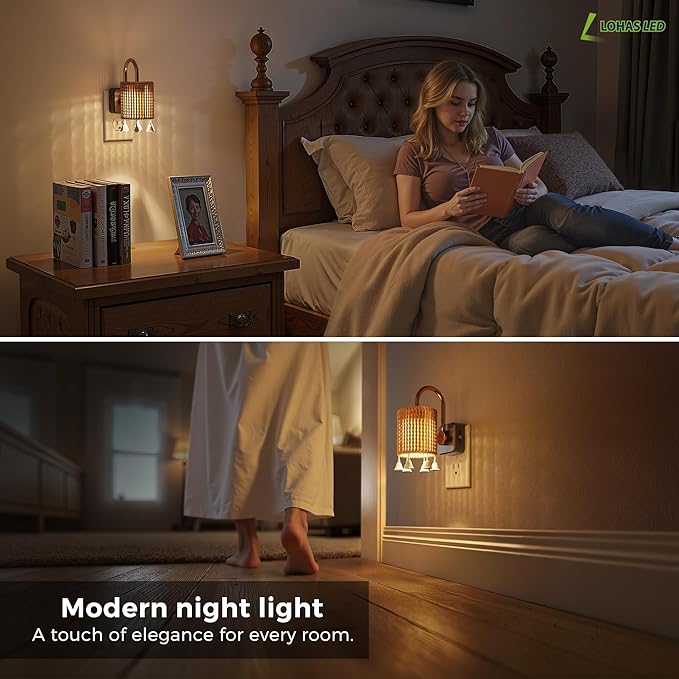 L LOHAS LED Night Lights Plug into Wall, 2 Pack Boho Fabric Cylinder Night Light with Tassel, Dusk to Dawn Sensor, 0-100LM Dimmable Night Lights, Vintage Nightlight for Bedroom, Living Room, Hallway