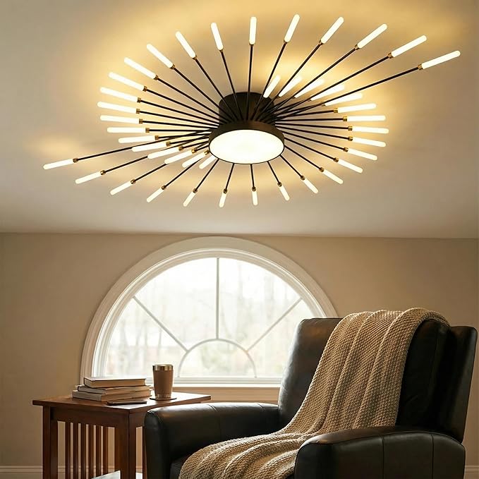 Modern Ceiling Light LED Flush Mount Ceiling Light for Living Room,Kitchen,Dining Room,Bedroom Fireworks Design Dimmable with Remote Control & Memory Function Lighting Fixture (Black,42 Light)