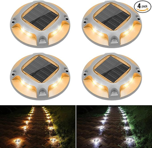 VOLISUN Solar Driveway Lights Dock Marine Lights 4 Pack,2 Colors in 1,Outdoor IP67 LED Deck Light,Solar Powered Waterproof Warning Step Light for Driveway Sidewalk Pathway (White/Warm White)