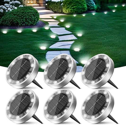 Peasur Solar Ground Lights Outdoor, 6 Pack Flat Solar Powered Disc Lights, IP68 Waterproof, Anti-Rust, Landscape Lighting for Pathway Garden Yard Lawn Walkway Landscape Driveway, Mini, Cool White