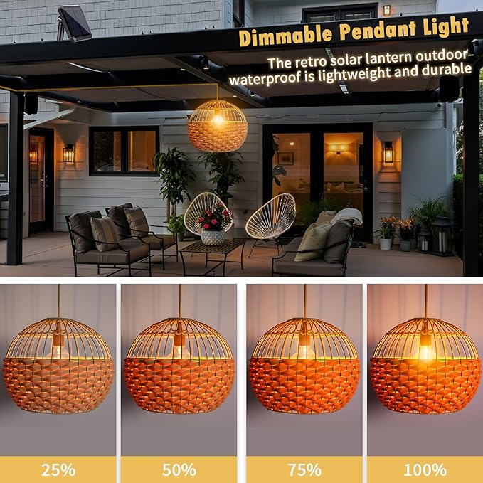 Outdoor Chandelier Solar Pendant Light Outdoor Hanging Lantern Solar Outdoor Chandelier with Remote Dimmable for Porch Patio Gazebo Garden Yard Decoration Nature