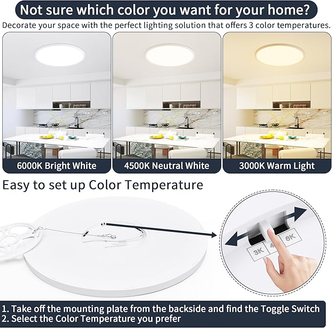 12 Inch Flush Mount Ceiling Light, 24W Dimmable LED Fixture 2400LM, 3000K/4500K/6000K Adjustable, Ultra Thin Round Ceiling Lamp for Bedroom, Kitchen, Living Room, Dining Room, Bathroom, White