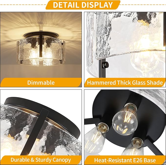 15'' Modern Black Semi Flush Mount Ceiling Light, Hallway Light Fixtures, 3-Light Glass Ceiling Lights for Entryway Kitchen Island Dining Room Foyer Bedroom Laundry Room Bathroom Lighting Fixtures