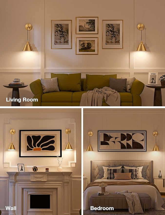 NIORSUN Brushed Gold Battery Operated Wall Sconce Set of 2, 5200mAh Dimmable Detachable Bulbs and Remote Wireless Rechargeable Wall Lights, 9 Colors Sconces Wall Decor for Bedroom Living Room Hallway