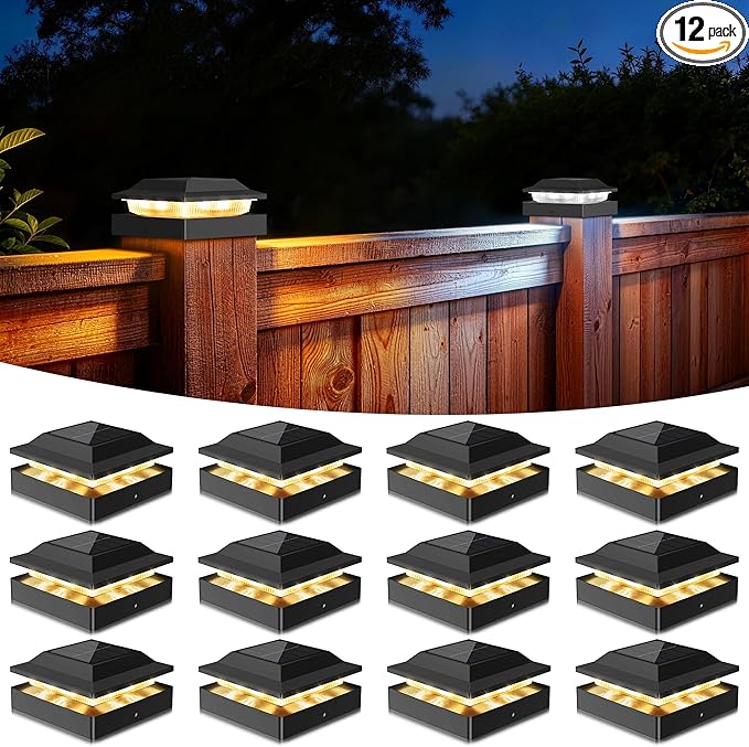 Solar Post Cap Lights 12-Pack, IP65 Waterproof Fence Post Solar Lights for 4x4 Wood/Vinyl Posts, Outdoor Post Lights with 2 Color Modes Decorate Garden Patio Porch Backyard, Black