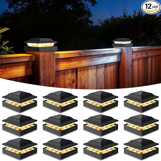 Solar Post Cap Lights 12-Pack, IP65 Waterproof Fence Post Solar Lights for 4x4 Wood/Vinyl Posts, Outdoor Post Lights with 2 Color Modes Decorate Garden Patio Porch Backyard, Black