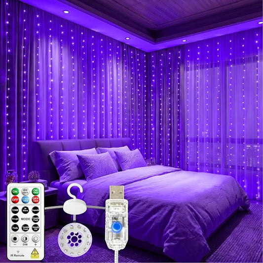 HXWEIYE 300LED Untangled Curtain Lights, 9.8x9.8Ft USB Fairy Twinkle String Lights with Remote and DIY Timer, 8 Modes Window Wall Hanging Light for Bedroom Dorm Backdrop Room Decor, Purple