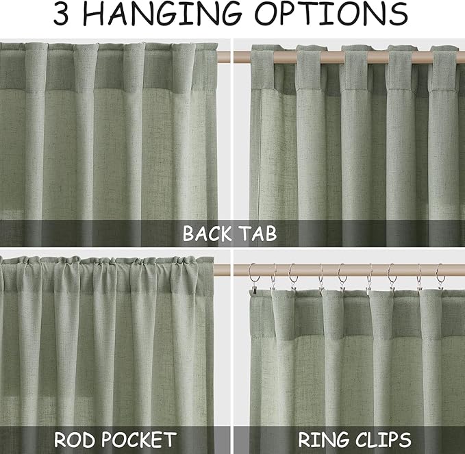 Desert Sage Linen 144 Inch Curtains for Living Room Light Filtering Semi Sheer Curtain Back Tab Rustic Farmhouse Decor Elegant Soft Drapes Floor to Ceiling High Window for Bedroom 52x144, 2 Panels