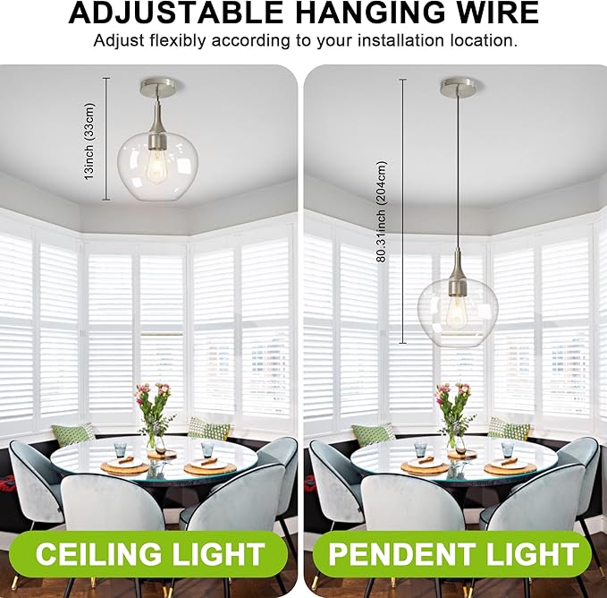 Glass Pendant Lights Kitchen Island, 9.45'' Brushed Nickel Pendant Lighting Fixtures, Modern Hanging Ceiling Light with Clear Glass Shade for Farmhouse Dining Room Bedroom Hallway(1 Pack)
