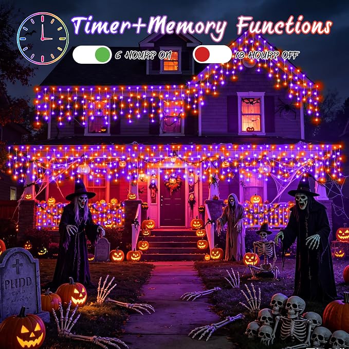 XURISEN 66ft Christmas Lights Decorations Outdoor, 640 LED 8 Modes Curtain Fairy Lights with 120 Drops,Plug in Waterproof Timer Memory Function for Christmas Holiday Wedding Party Decor(P+O)