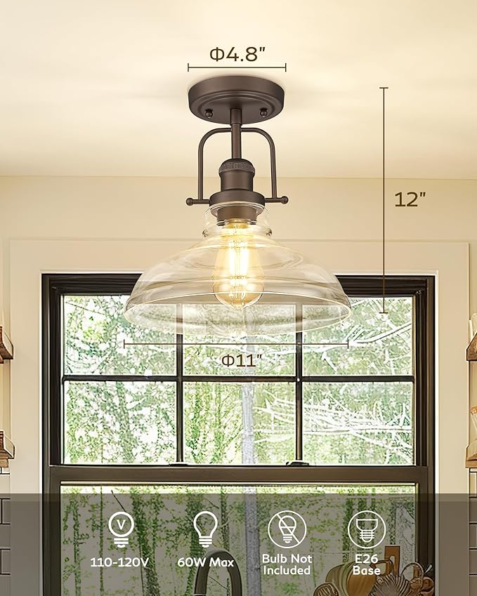 FEMILA Flush Mount Ceiling Light Fixture, 11" Farmhouse Semi Flush Kitchen & Bedroom Ceiling Light, Oil Rubbed Bronze with Clear Glass Shade, Rustic Industrial Lighting, 4FY09-F ORB