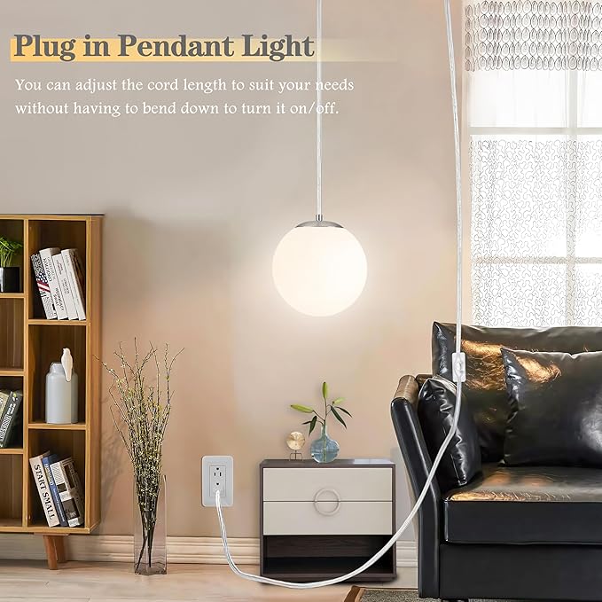 KoKo&Yukina 8" Globe Pendant Light Nickel Plug in Pendant Light Adjustable Hanging Lights with Plug in Cord Nickel Finished with Milk Glass Lampshade for Bedroom Kitchen Island (Bulb Included)