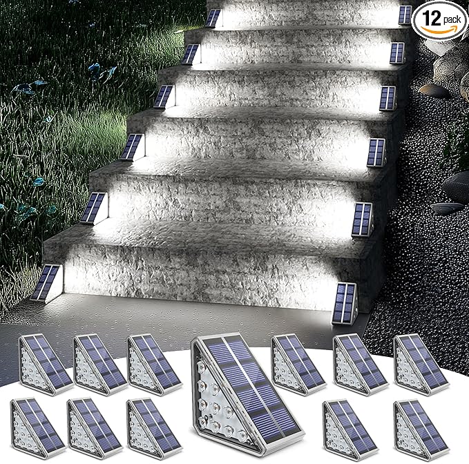 NIORSUN Outdoor Step Lights, 12 Pack Solar Stair Lights Outdoor Waterproof IP67 Auto On Off, Solar Lights for Steps,Stair,Patio,Yard,Porch,Front Door,Sidewalk,Deck Decor,Cool White