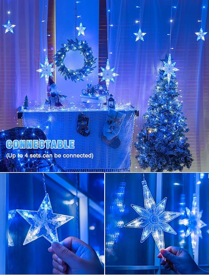 Star Icicle Lights Outdoor,126 Led 12 Star Hanging String Light with 8 Modes,Waterproof Connectable Fairy Star Window Lights for Bedroom,Wall,Wedding,Party,Brithday,Christmas Decor,Blue White