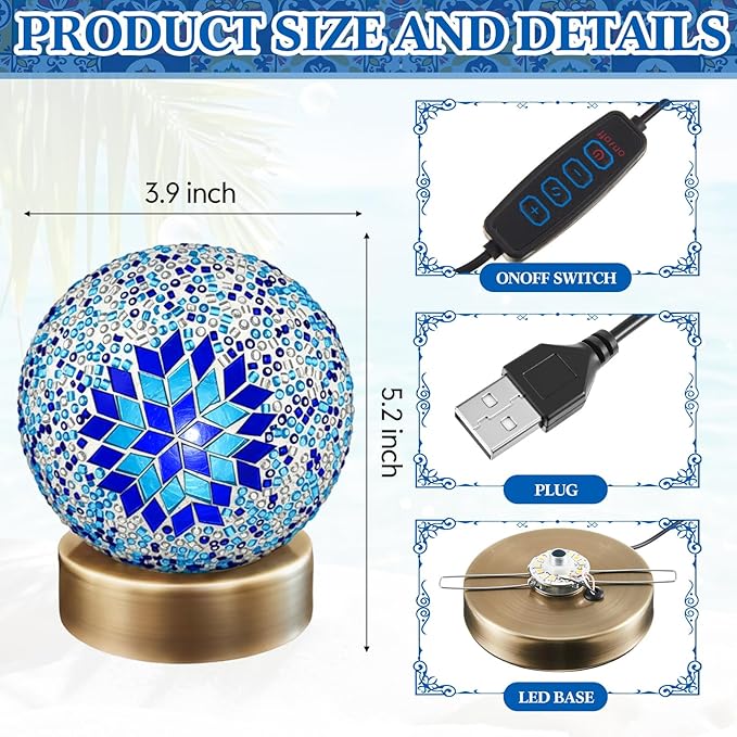 Baquler Turkish Mosaic Lamp Kit DIY Stained Glass Decorative Table Bedside Night Light Tabletop Bohemian Moroccan Lamp Craft Kit for Living Room Decorations (Blue)
