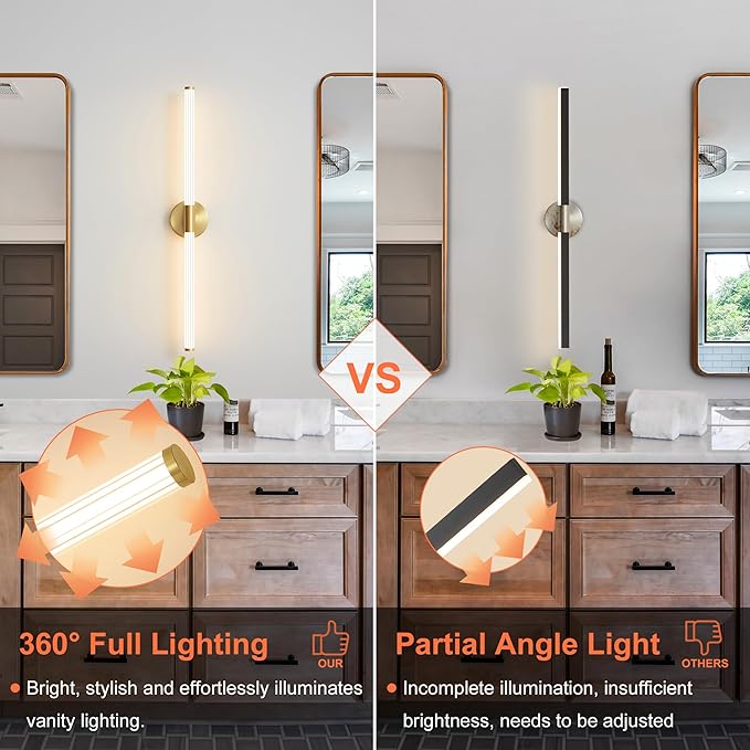 Glod Wall Sconces Set of 2 Hardwired, Dimmable 5CCT LED Bathroom Light Fixtures Over Mirror, 360° Full Lighting 31" Long Vanity Light Bar Modern Wall Sconce for Bathroom Bedroom Living Room