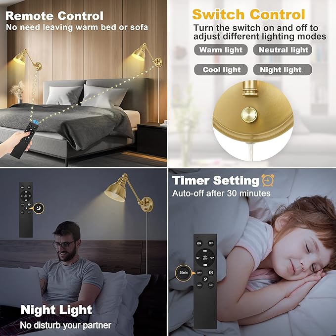 GOODATE Plug in Wall Sconces Set of Two with Remote, Stepless Colors 2700K-6500K & Stepless Dimming, Premium Golden Finish, Plug in Wall Light with Night Light & Timer, LED Bulbs Included