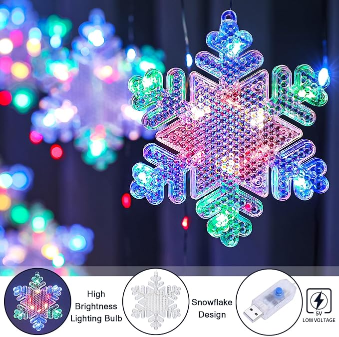 BLOOMWIN Christmas Window Lights Indoor - 2M 160 LED Christmas Window Decorations, Snowflake Curtain Hanging Fairy String Icicle Lights for Xmas Noel Bedroom Holiday Home Outdoor, RGB USB