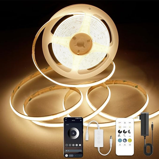 AXMOTUT COB LED Strip Lights with Remote, 24V 9.84ft Warm White Dimmable LED Light Strips, High Bright 3000K LED Lights with Power Supply for Room, Kitchen, DIY Home Decoration