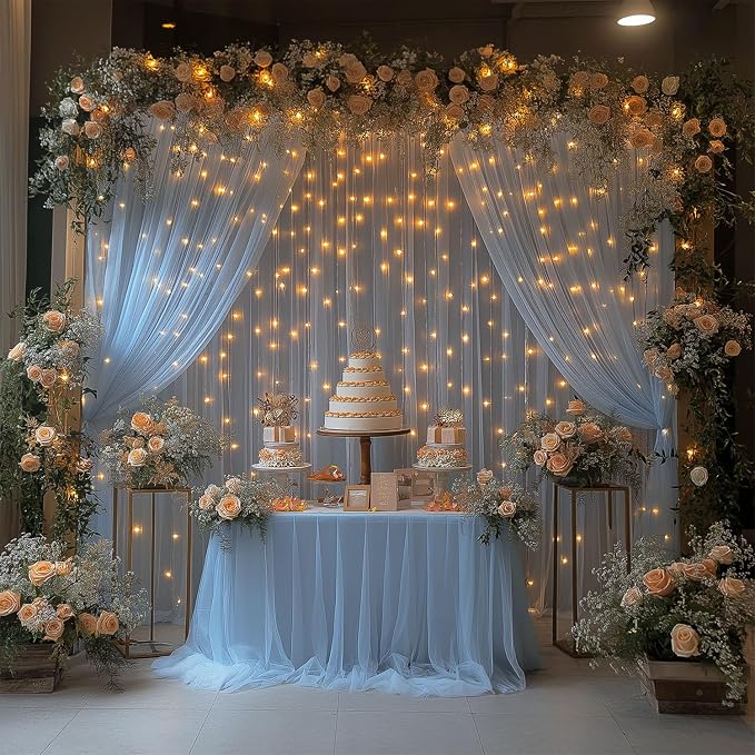 10x10ft Baby Blue Tulle Backdrop Curtain with Lights String Sheer Drapes for Baby Shower Decorations for Boy, Bridal Shower, Photo Booth, Birthday Party Decor(2 Panels)