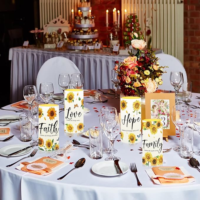 Tiamon Sunflower Flameless Candles LED Love Hope Faith Candles Battery Operated Yellow Floral Flickering with 18 Key Remote Timer Pillar for Summer Holiday Table Decorations