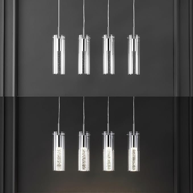 JONATHAN Y 29.5" Chrome 4-Light Modern Integrated LED Linear Pendant Light, Clear Glass Shades, Glam Chandelier for Kitchen Island and Dining Room, Dimmable, Adjustable Height (JYL1706A)