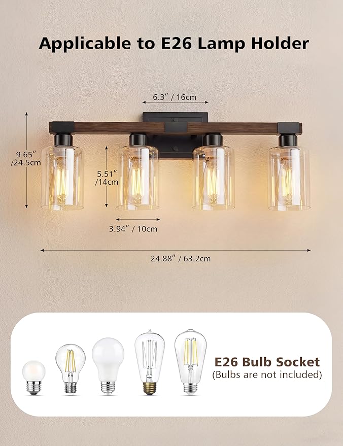 VOLISUN Farmhouse Bathroom Light Fixtures, 4 Light Bathroom Vanity Lights Over Mirror, Rustic Vanity Light for Bathrooms,Wood Bathrooms Lights Fixtures Over Mirror-UL Certificated
