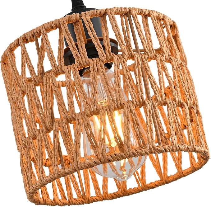 Woven Pendant Light Boho Chandelier, Rattan Pendant Lights Kitchen Island, Farmhouse Pendant Lighting with Hand Woven Wicker Shade, Boho Chandelier Light Fixtures Ceiling Hanging Light