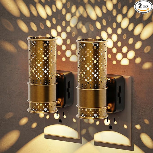 JandCase Night Lights Plug into Wall, Aesthetic Nightlight with Metal Shade, 3000K Warm White 0-100LM Adjustable Brightness, Dusk to Dawn Sensor Plug in Night Light for Bathroom Hallway[2 Pack]