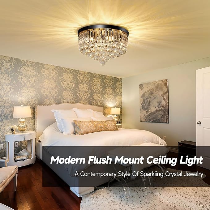 8-Light Modern Crystal Chandelier Black Metal G9 Base Flush Mount Round Light Fixture Ceiling Lamp Farmhouse for Dining Living Room Laundry Foyer Kitchen Balcony Bedroom (H 11''x W 16'')