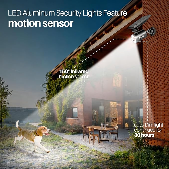 Solar Motion Lights for Outside Aluminum case(Not plastic), Outdoor Solar Flood Security Spot lights 1400LM 9W LED(130W Equ.) Garden Step Deck Patio Post Porch, 100-Week FREE Refund/Replacement(Black)