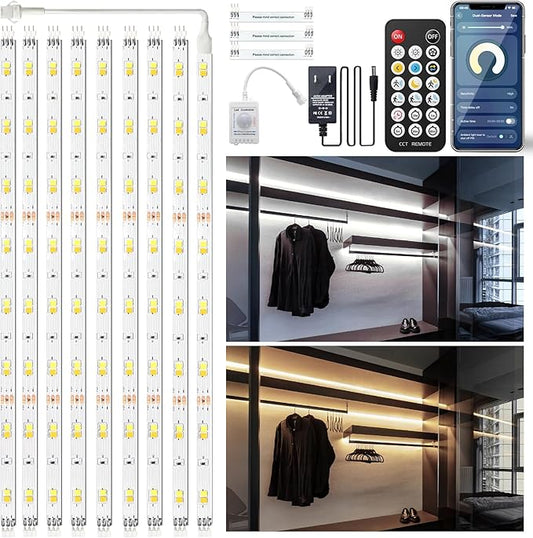 TJOY Smart Led Strip Lights with Motion Sensor, 10-Piece Kit with App&Remote Under Cabinet Lighting, Dimmable White Light (Warm to Cool), Dusk to Dawn Night Light 16.4ft for Kitchen, Shelf, Closet
