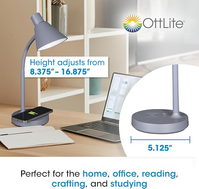 OttLite Twist LED Desk Lamp with Wireless Charging Pad, 3 Color Temperatures, Flexible Neck, Book Light, Table Lamp, Reading Light, Work, Desk Lamps for Home Office or Bedside