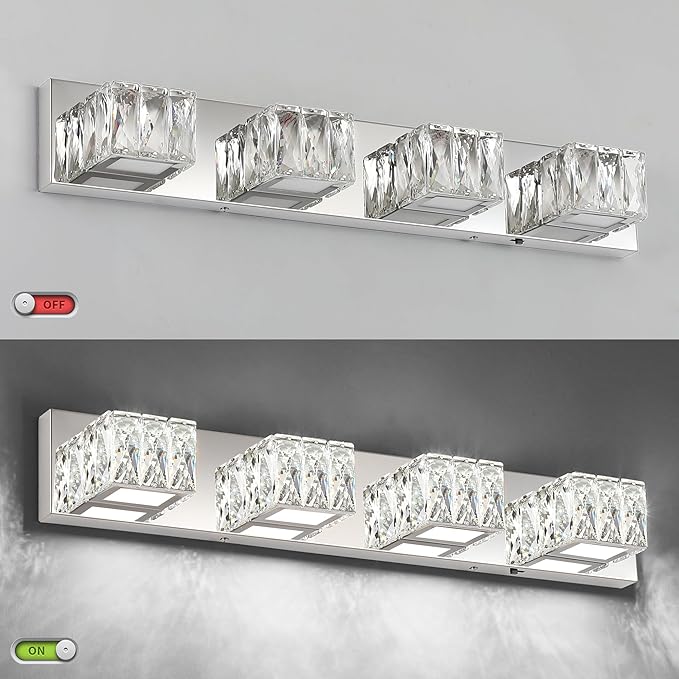 ZUZITO Modern Bathroom Light Fixtures - Crystal 4 Light Bathroom Vanity Light 5CCT Dimmable - LED Chrome Vanity Lighting Fixture