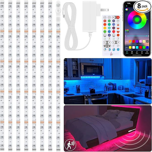 maylit 8 PCS Motion Sensor RGB Under Cabinet Lights Kit, App and Remote Control Led Strip Lights, Music Sync Color Changing Led Lights with Power Adapter, for Cabinet, Counter, Shelf, Bookcase, 13ft