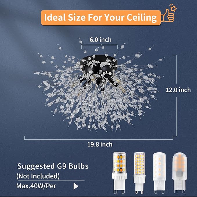 CM MZY Black Semi Flush Mount Ceiling Light Fixture, Modern Crystal Sputnik Firework Ceiling Lights, 6-Light Close to Ceiling Lighting Fixtures for Bedroom Kitchen Hallway Entryway Closet(Matt Black)