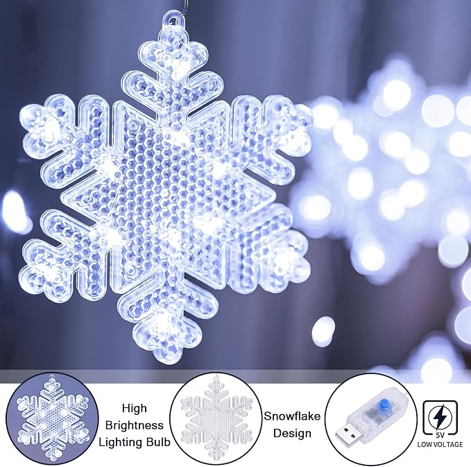 BLOOMWIN Christmas Window Lights Indoor - 2M 160 LED Christmas Window Decorations, Snowflake Curtain Hanging Fairy String Icicle Lights for Xmas Noel Bedroom Holiday Home Outdoor, Cold White USB