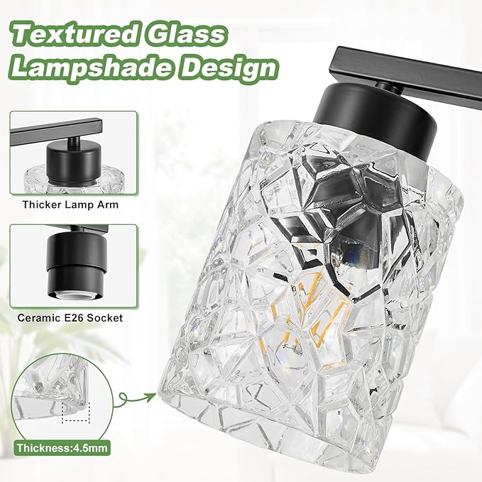 Black Bathroom Light Fixtures, 4-Light Modern Bathroom Vanity Wall Light, Vanity Lights for Mirror, Wall Sconces with Clear Textured Glass (E26 Socket, Bulbs Not Included)
