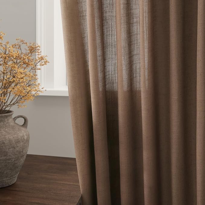 Nanspring Caramel Brown Curtains 100 Inches Long 2 Panels Set Back Tab Linen Extra Long Drapes for Living Room Modern Farmhouse Light Filtering Semi Sheer Linen Curtain for Big Window 52x100
