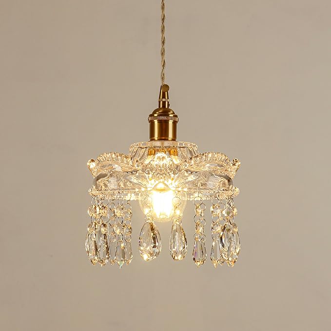 Vintage Mini Crystal Chandelier Brass Fixture with Clear Crystal Drops – Elegant Small Pendant Lighting for Bedroom, Bathroom, Hallway, Kitchen Island, Entryway, Vanity (1-Pack,Hard-Wired)