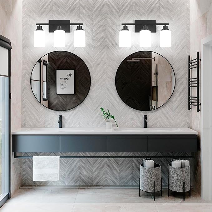 3-Light Black Bathroom Light Fixture Over Mirror,Modern Farmhouse Vanity Light,Wall Sconces with Milky White Glass Shade for Bathroom,Bedroom, Living Room,Staircase,Hallway E26