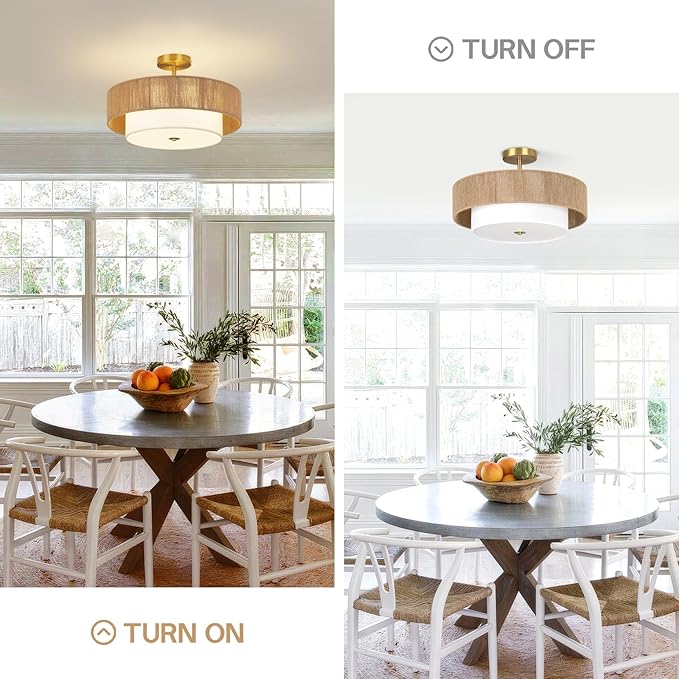 18 Inch Rattan Semi Flush Mount Ceiling Light Fixture,3-Light Boho Light Fixtures Ceiling Mount with Woven Hemp Rope & White Fabric Shade,Farmhouse Drum Light for Living Room,Bedroom,Kitchen