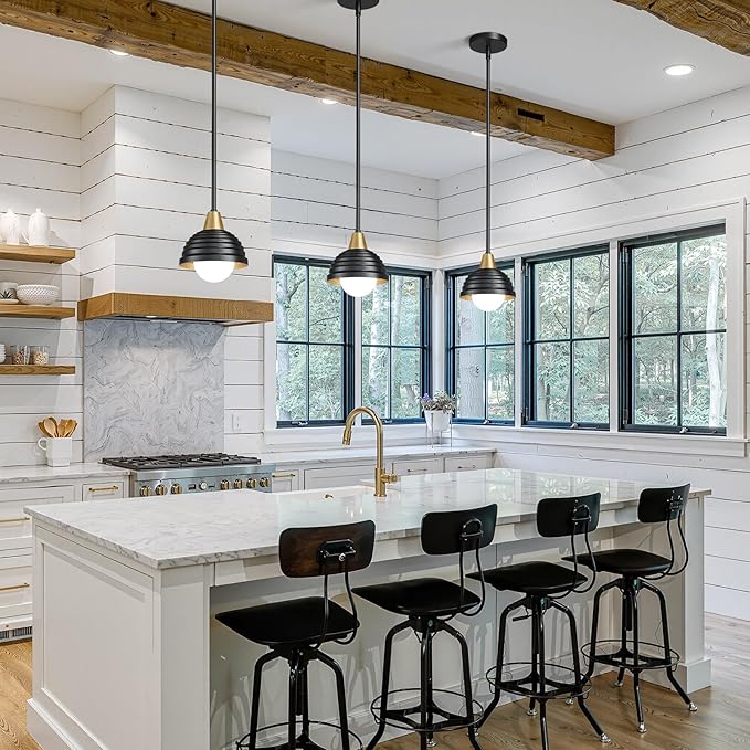 Industrial Kitchen Pendant Light Fixtures: 6 Inch Metal Modern Chandelier - Adjustable Farmhouse Black and Gold Pendant Lighting for Kitchen Living Room Bedroom