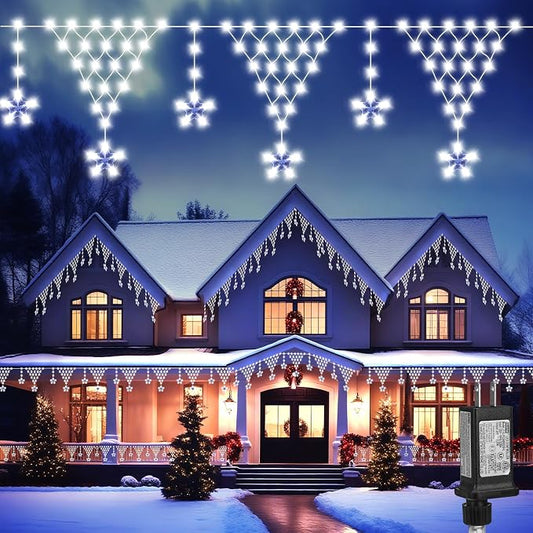 (New) Christmas Curtain Lights, 13.8ft 218 LED Outdoor Christmas Lights, Icicle Lights with 12 Drop Stars for Curtain, Indoor, Garden, Patio, Wedding, Xmas, Home Decoration - White